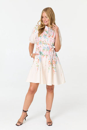 White | Floral 1/2 Sleeve Tie Waist Short Dress