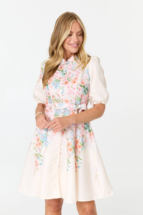 White | Floral 1/2 Sleeve Tie Waist Short Dress