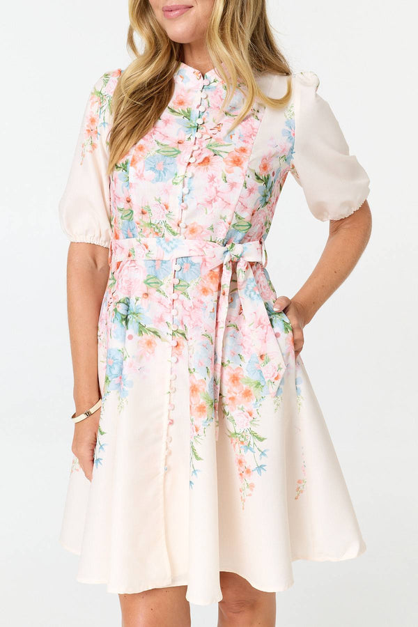 White | Floral 1/2 Sleeve Tie Waist Short Dress