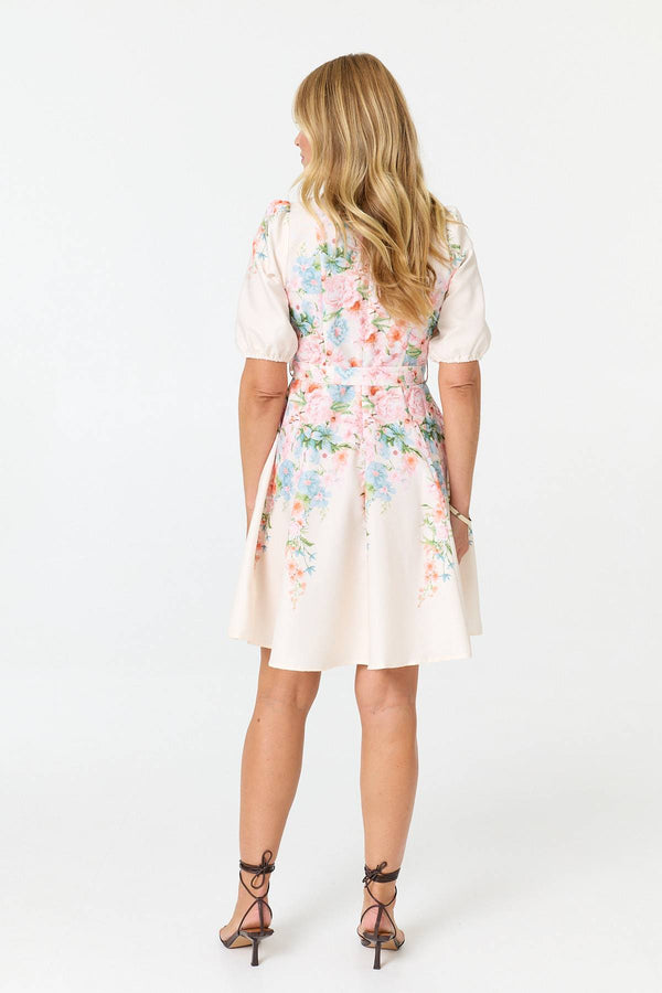 White | Floral 1/2 Sleeve Tie Waist Short Dress