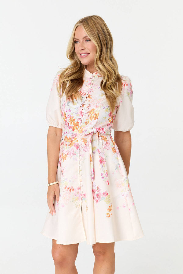 White | Floral Tie Waist 1/2 Sleeve Short Dress