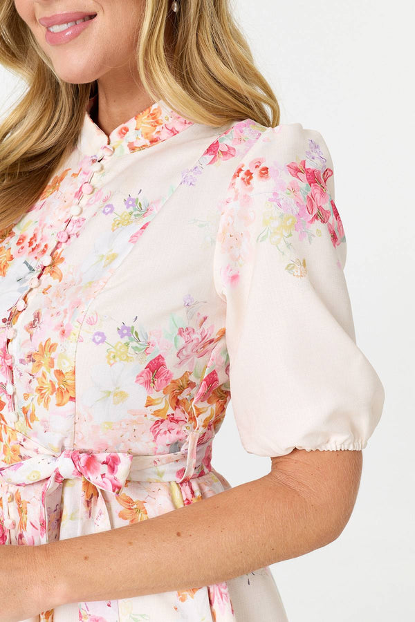 White | Floral Tie Waist 1/2 Sleeve Short Dress