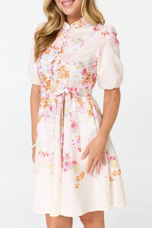 White | Floral Tie Waist 1/2 Sleeve Short Dress