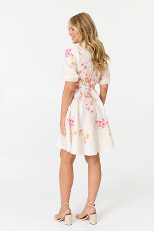White | Floral Tie Waist 1/2 Sleeve Short Dress