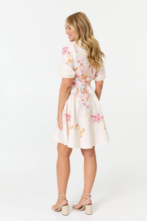 White | Floral Tie Waist 1/2 Sleeve Short Dress