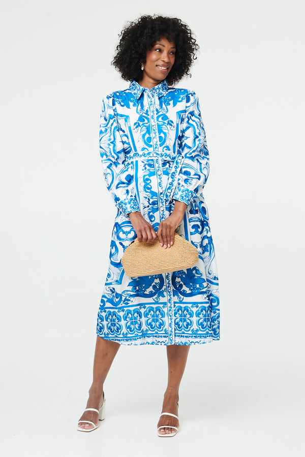 Blue | Printed Tie A-Line Midi Shirt Dress
