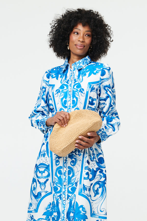 Blue | Printed Tie A-Line Midi Shirt Dress
