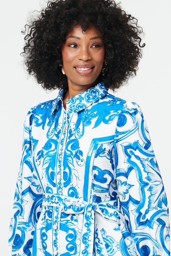 Blue | Printed Tie A-Line Midi Shirt Dress