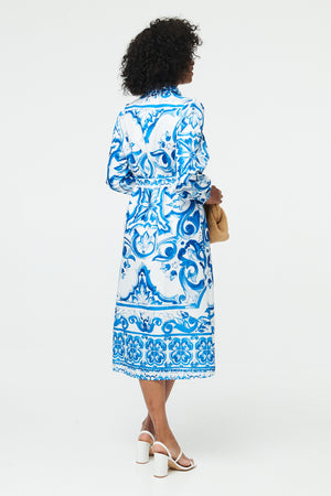 Blue | Printed Tie A-Line Midi Shirt Dress