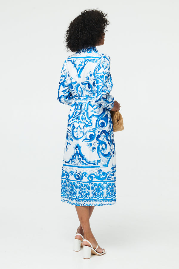 Blue | Printed Tie A-Line Midi Shirt Dress