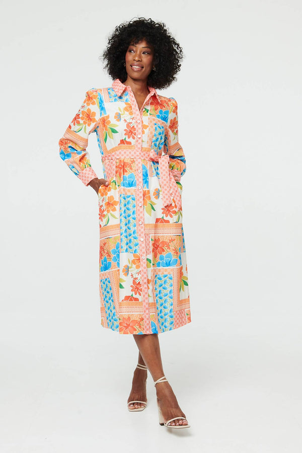 Orange | Patchwork Tie Waist Midi Shirt Dress