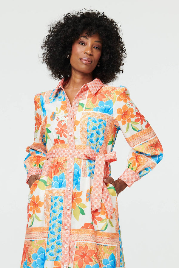 Orange | Patchwork Tie Waist Midi Shirt Dress