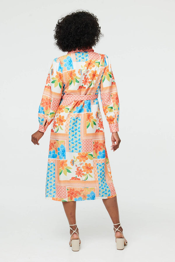 Orange | Patchwork Tie Waist Midi Shirt Dress