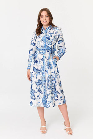 Blue | Floral Print Tie Belt Midi Shirt Dress
