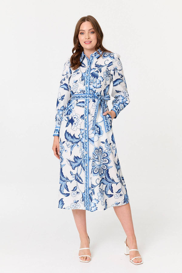 Blue | Floral Print Tie Belt Midi Shirt Dress
