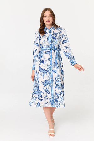 Blue | Floral Print Tie Belt Midi Shirt Dress

