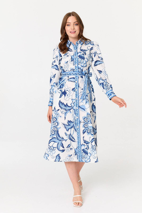 Blue | Floral Print Tie Belt Midi Shirt Dress
