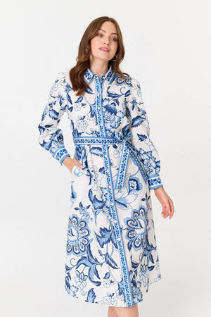 Blue | Floral Print Tie Belt Midi Shirt Dress
