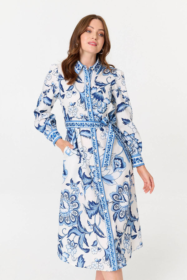 Blue | Floral Print Tie Belt Midi Shirt Dress
