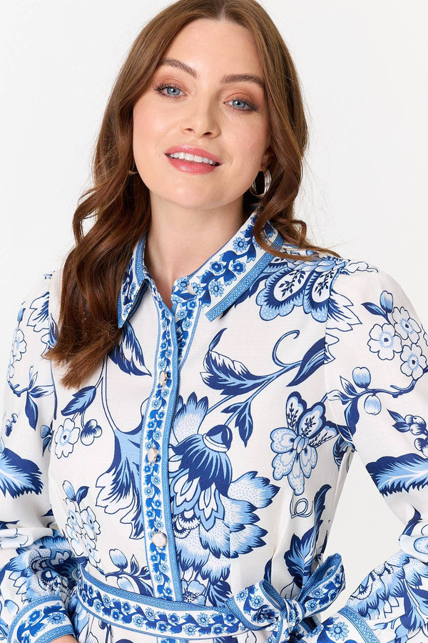 Blue | Floral Print Tie Belt Midi Shirt Dress
