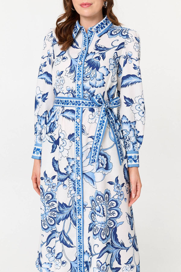 Blue | Floral Print Tie Belt Midi Shirt Dress
