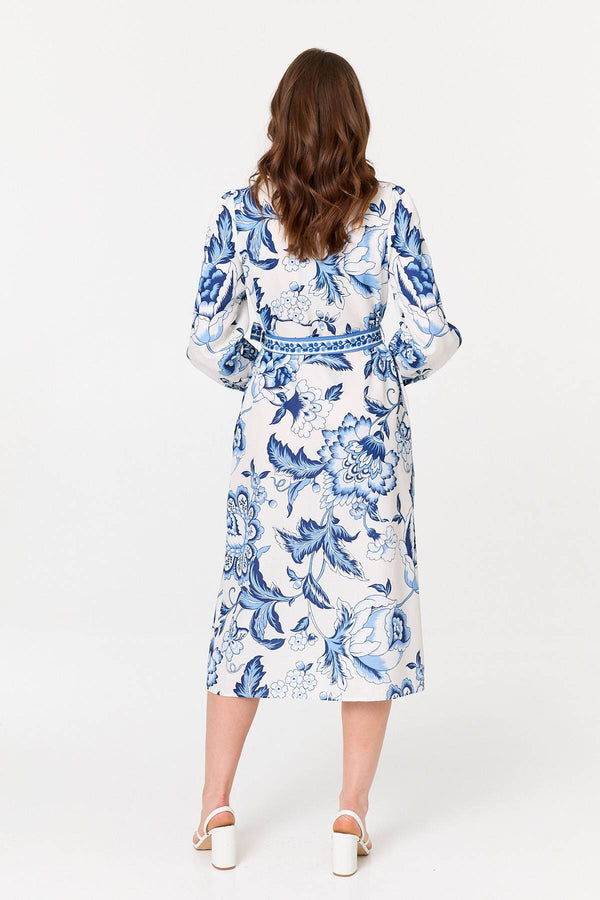 Blue | Floral Print Tie Belt Midi Shirt Dress