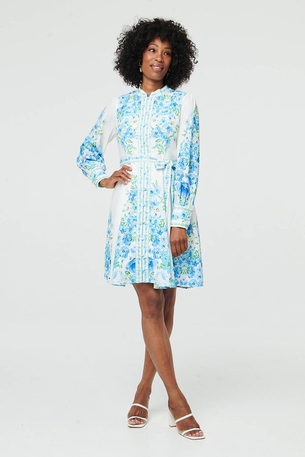 White | Floral Border Print Tie Short Dress