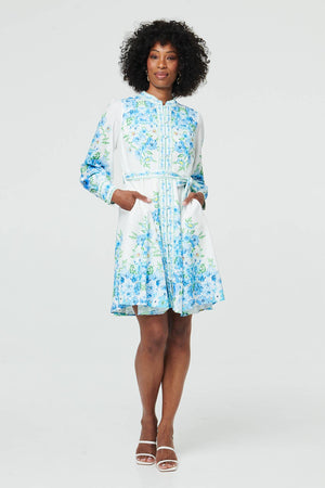 White | Floral Border Print Tie Short Dress