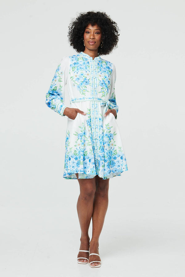 White | Floral Border Print Tie Short Dress