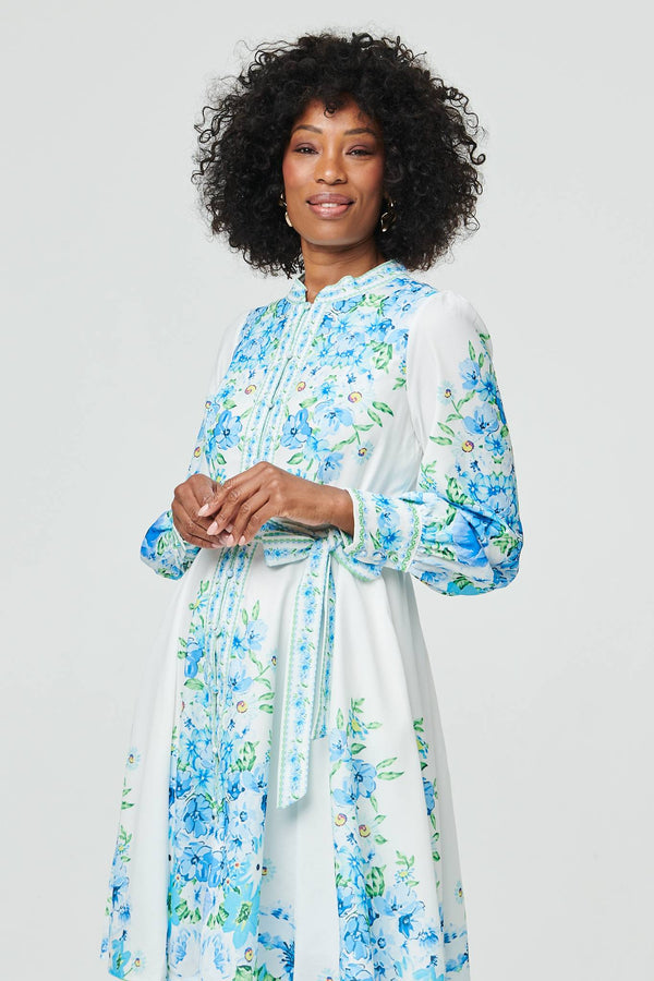 White | Floral Border Print Tie Short Dress