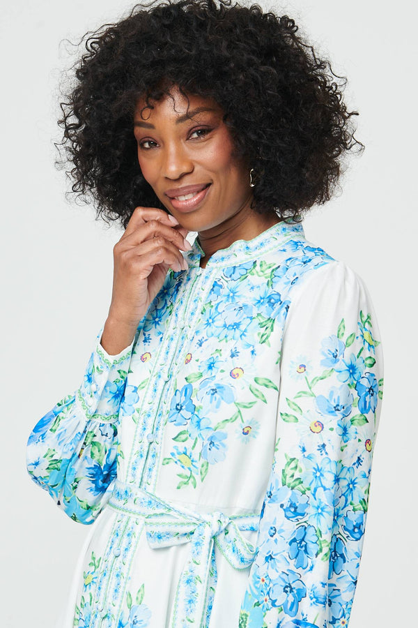 White | Floral Border Print Tie Short Dress
