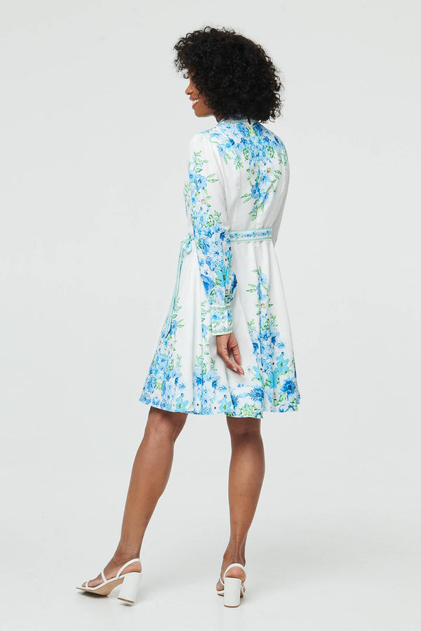 White | Floral Border Print Tie Short Dress