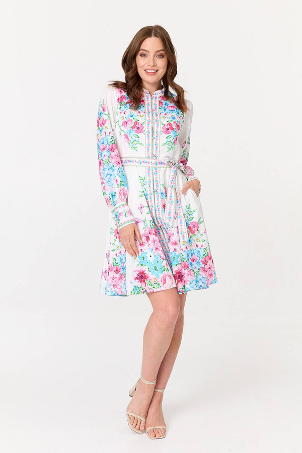 White | Floral Long Sleeve Tie Waist Short Dress