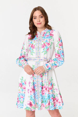 White | Floral Long Sleeve Tie Waist Short Dress