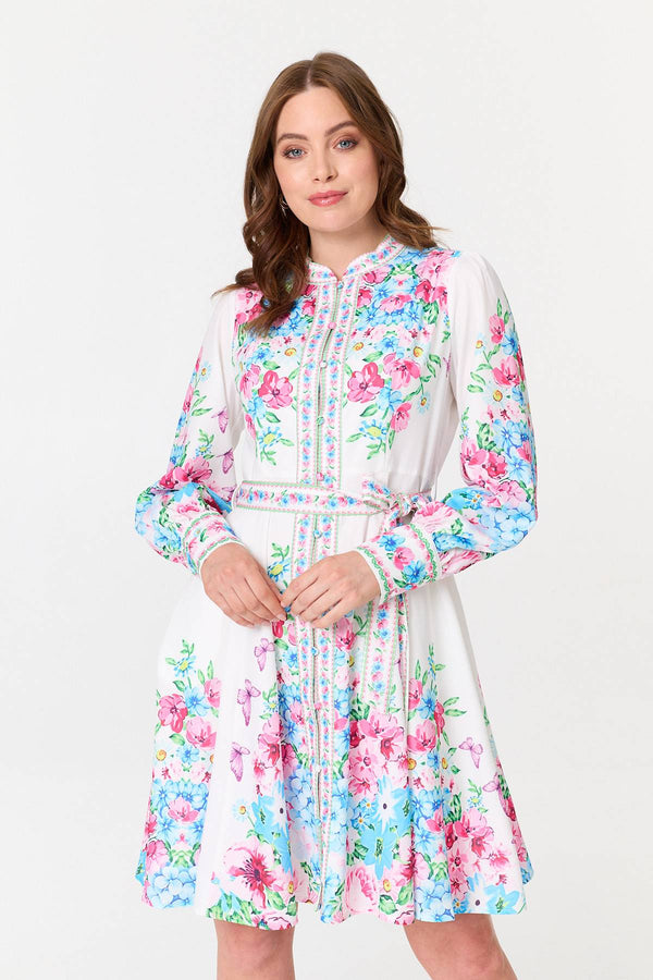White | Floral Long Sleeve Tie Waist Short Dress
