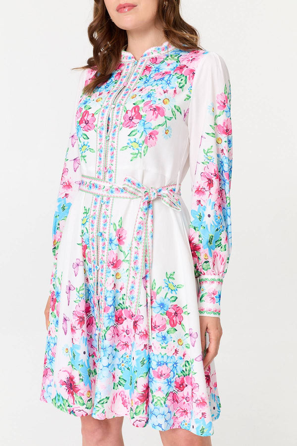 White | Floral Long Sleeve Tie Waist Short Dress