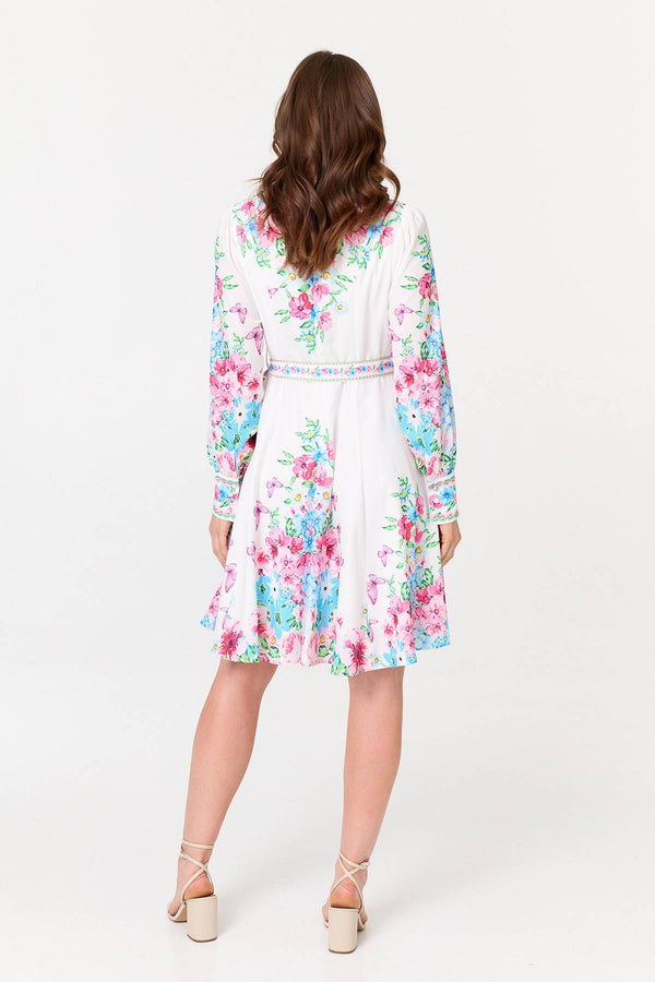 White | Floral Long Sleeve Tie Waist Short Dress