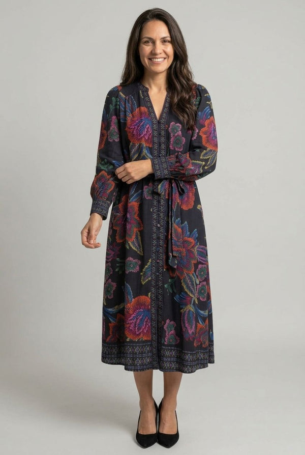 Navy | Floral Long Sleeve Tie A-Line Midi Dress