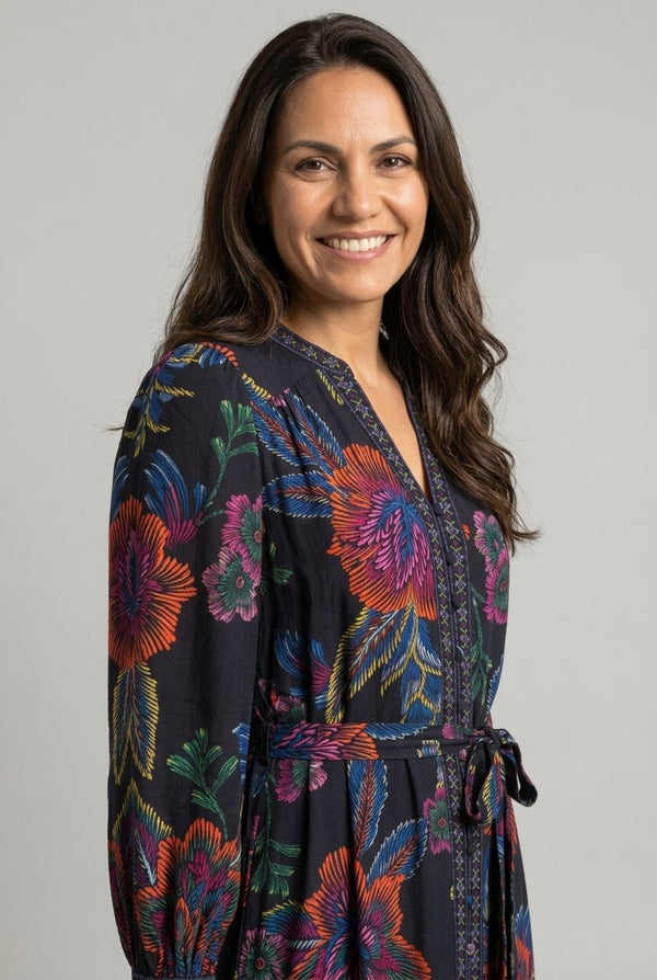 Navy | Floral Long Sleeve Tie A-Line Midi Dress