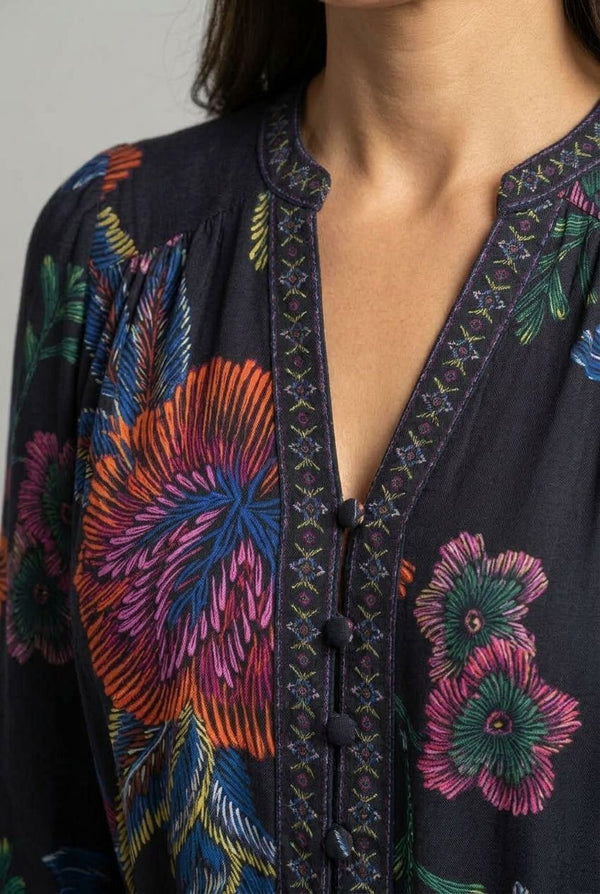 Navy | Floral Long Sleeve Tie A-Line Midi Dress