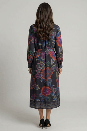 Navy | Floral Long Sleeve Tie A-Line Midi Dress