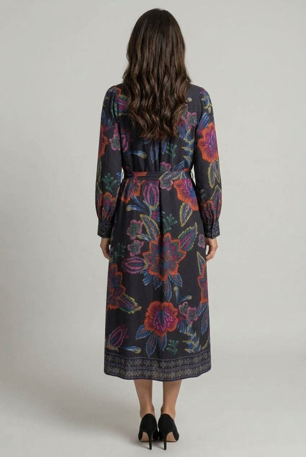 Navy | Floral Long Sleeve Tie A-Line Midi Dress