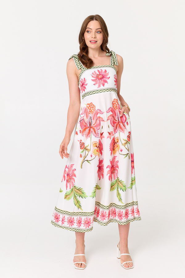 White | Floral Tie Strap Sleeveless Midi Dress