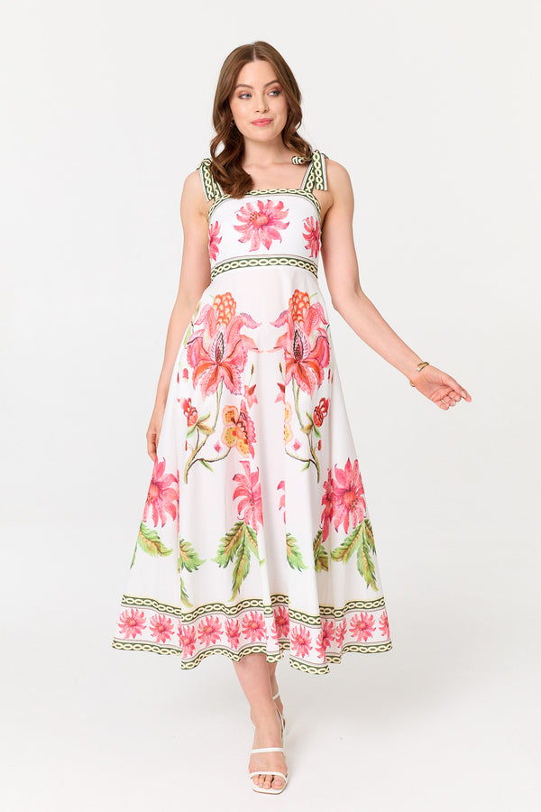 White | Floral Tie Strap Sleeveless Midi Dress
