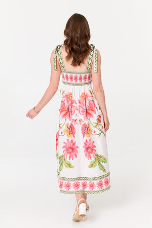 White | Floral Tie Strap Sleeveless Midi Dress