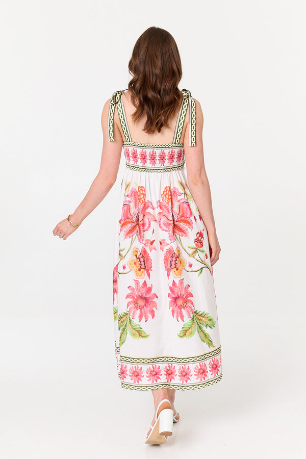 White | Floral Tie Strap Sleeveless Midi Dress