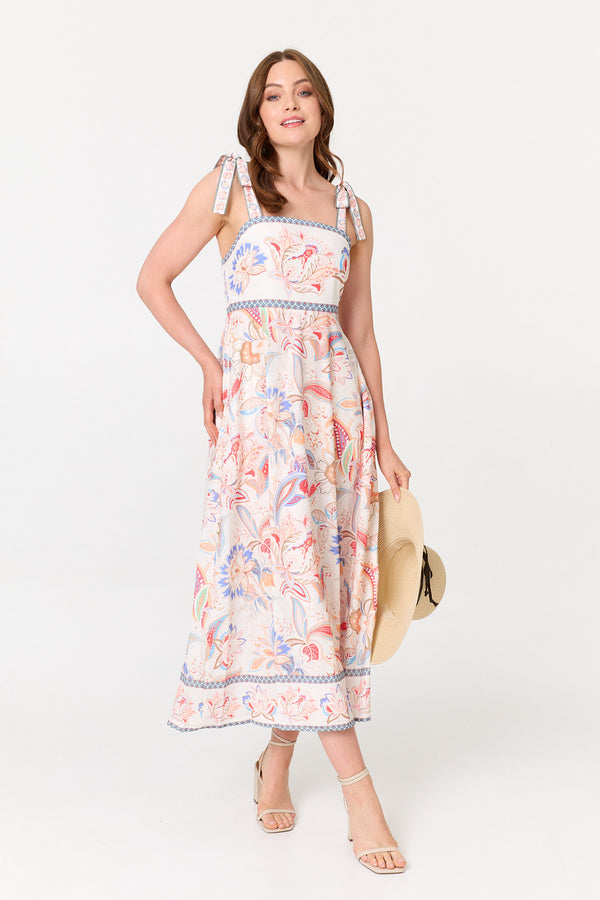 White | Floral Tie Sleeveless A-Line Midi Dress