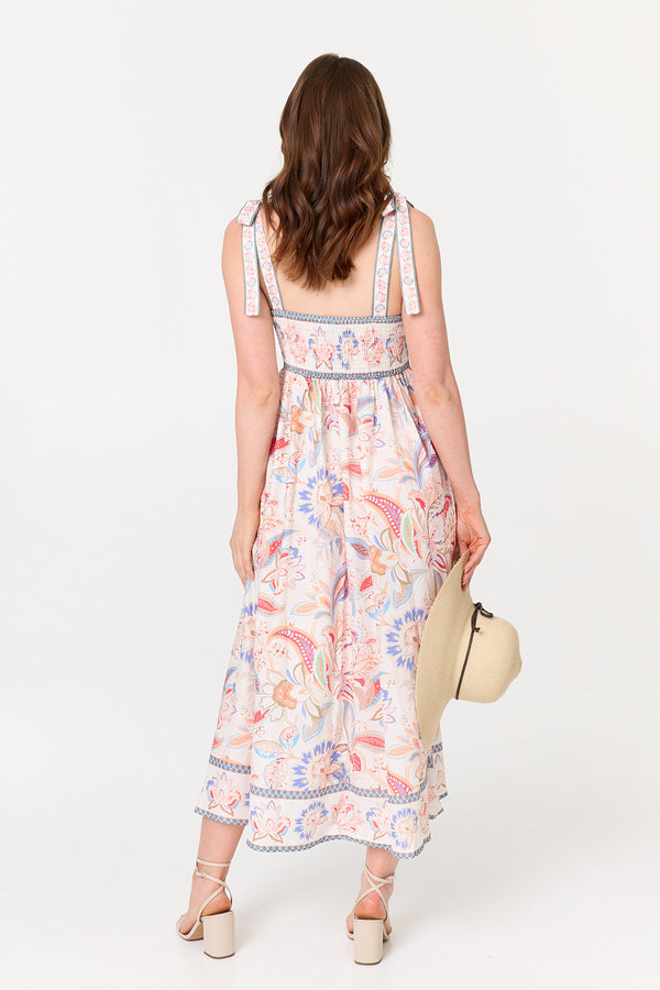 White | Floral Tie Sleeveless A-Line Midi Dress