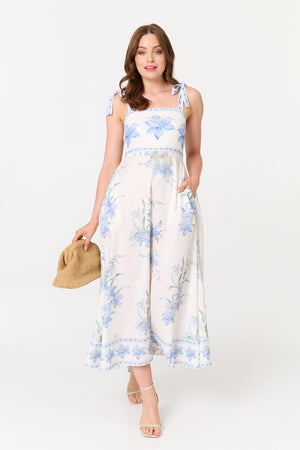 White | Floral A-Line Sleeveless Midi Dress