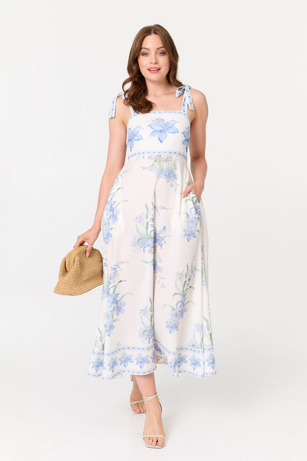 White | Floral A-Line Sleeveless Midi Dress